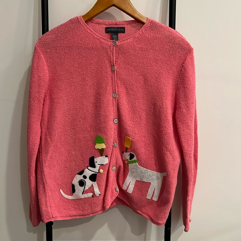 Northern Isles pink dogs playing ramie cotton crew neck cardigan button size M